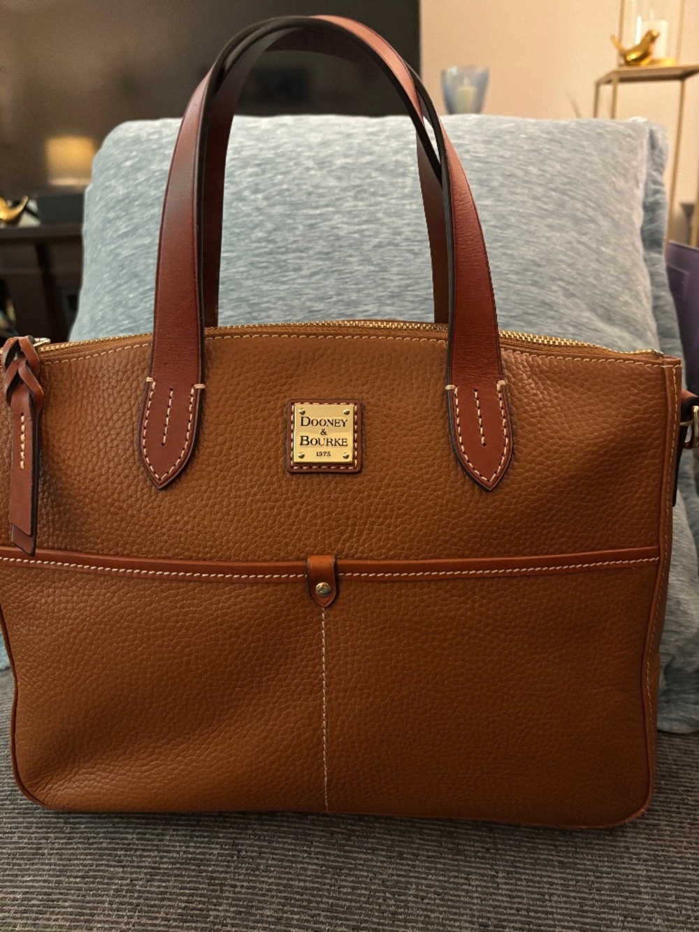 Dooney & Bourke Pebbled Leather Large Zip Satchel Tote Cognac **Missing Strap**
